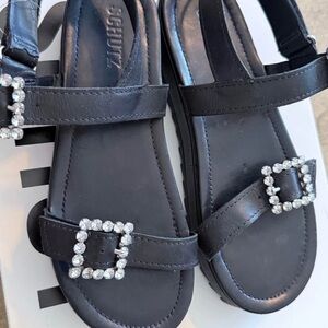 SCHUTZ Black Platform Sandals with Sparkling Buckles